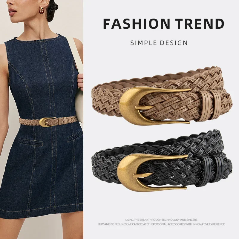 Handmade Woven Vintage Gold Buckle Women's Fashion Design Belt with Casual Pants Jeans Short Skirt, Women's Non Porous Belts