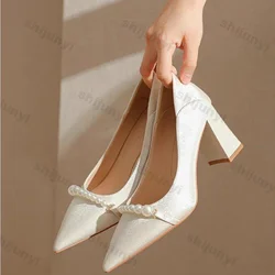 Fashion Pointed Pearl High Heels Shoes Women White Wedding Shoes Thick High Heels Party Pumps Woman Footwear Zapatos De Mujer