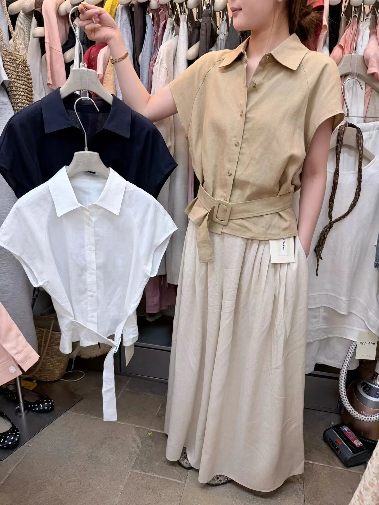 

at Fashion Casual Waist-Cinching Ladies T-Shirt Short Sleeve Linen Blend Flip Collar Shoulder Insertion Top for Summer 2026