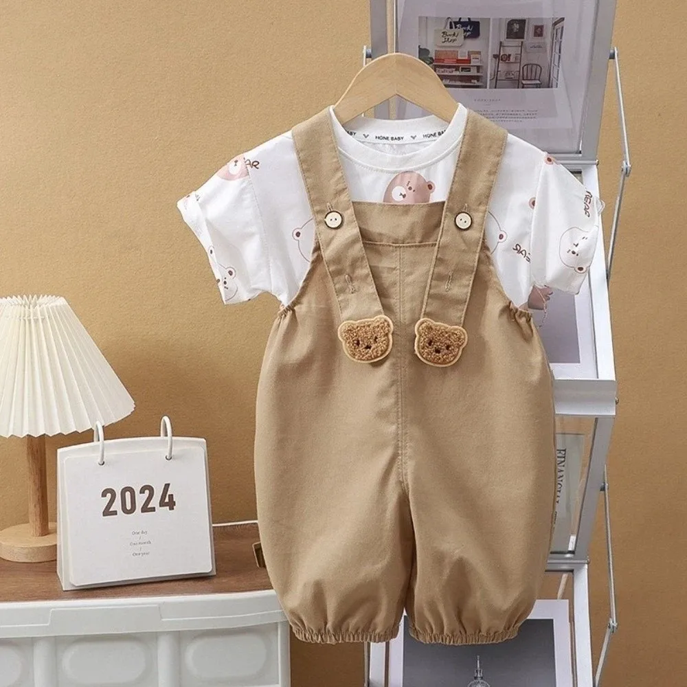 Cute Cartoon Bear Children Pants Sets Tracksuit Short Sleeve Shorts Suits Suspender Shorts Children