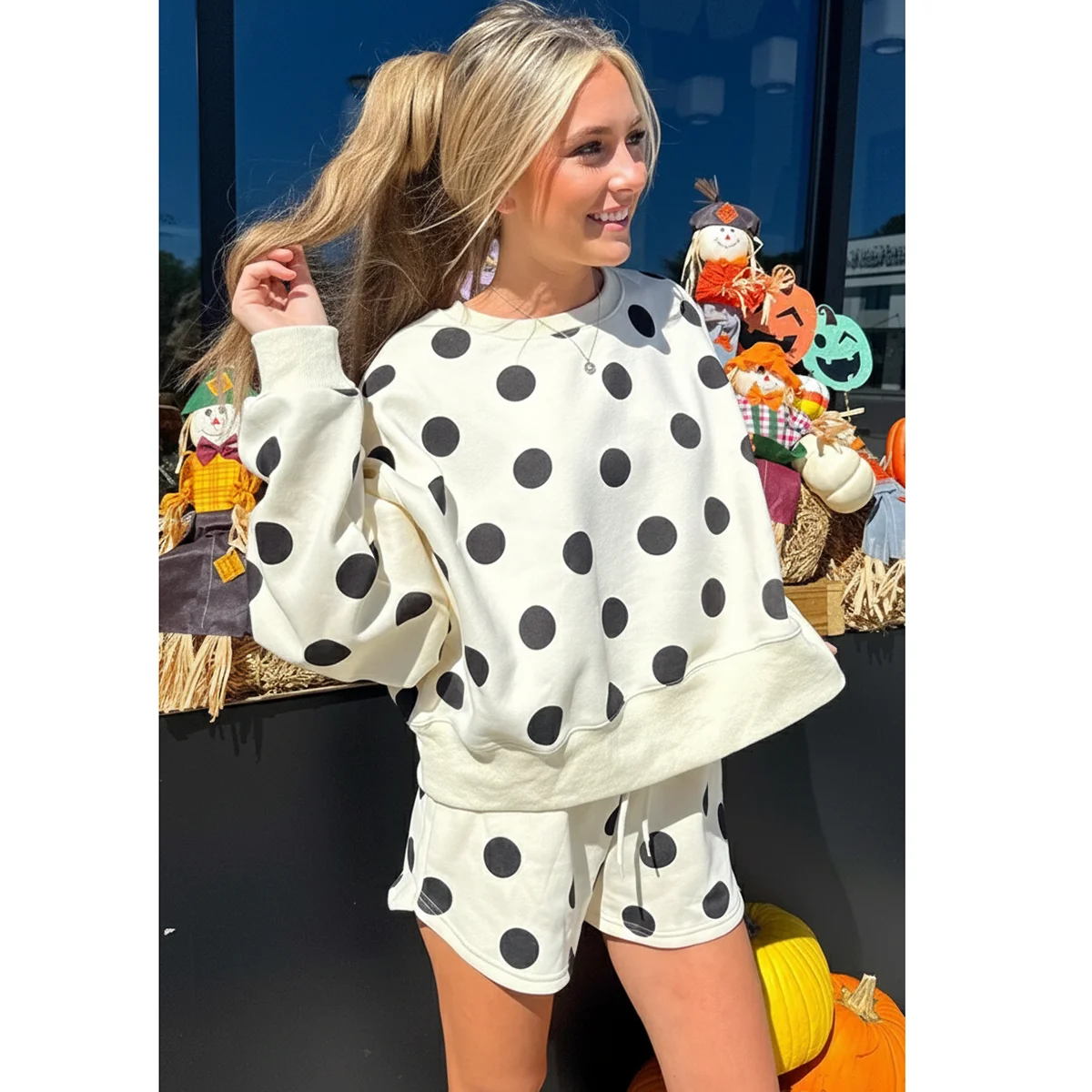 

Женский комплект из 2 предметов в горошек, большой свитшот с круглым вырезом и длинными рукавами + шорты на шнурке, мягкий уютный повседневный наряд, женские комплекты