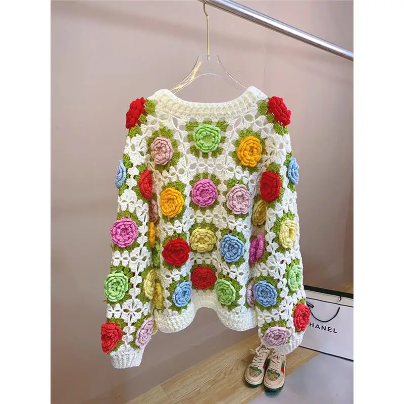 Handmade Three-dimensional Hollow Crochet Knitted Cardigan Sweater Femininity V-neck Sweet Colored Rose Sweater Jacket Coat Lady