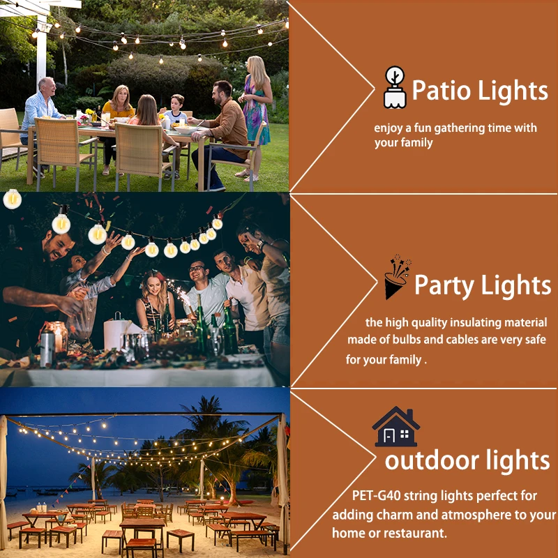 LED G40 Ball String Lightings Plastic Shatterproof Bulbs Waterproof Connected Garland Fir Patio Lights for Party Light Camping