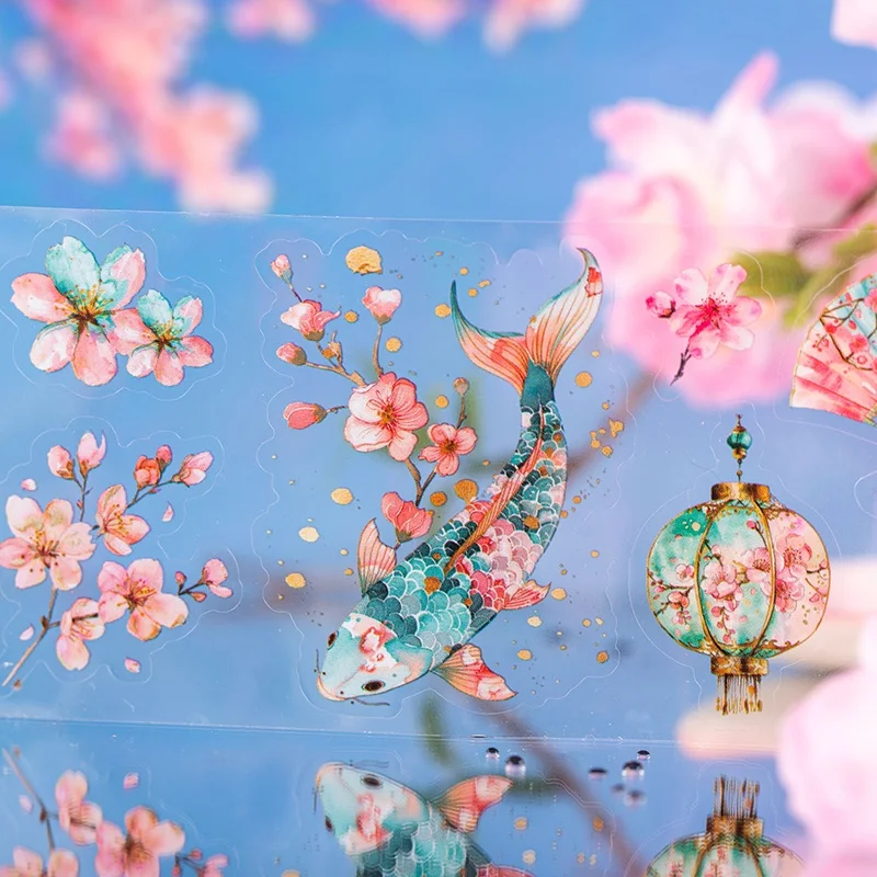 Paket 6 Gulungan - Set Stiker Pita Bertema Arsitektur Bunga Sakura - Seri Lagu Cinta Bunga Sakura - Tahan Air, Potongan Bentuk Bunga Sakura, Perekat Sendiri - Cocok untuk Scrapbooking, Junk Journal, dan Stiker Kolase Planner