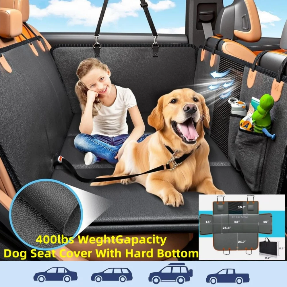 

Upgraded PU Leather Dog Car Seat Cover - Waterproof Hard Bottom Backseat Extender Hammock for Trucks, Pet Travel Protector