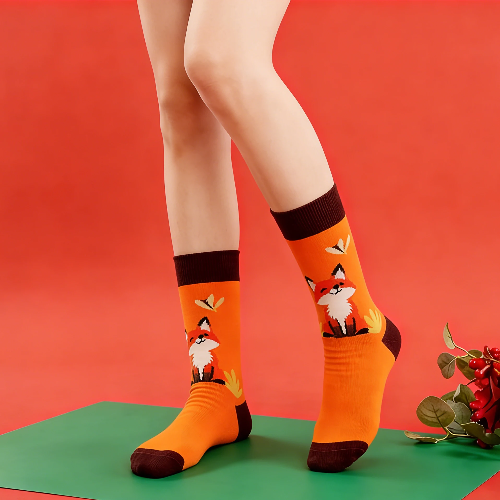 1 pair Cute Smiling Fox Mid-Calf Socks - Orange & Brown Contrast Cartoon Fashion Socks for Women - view 2