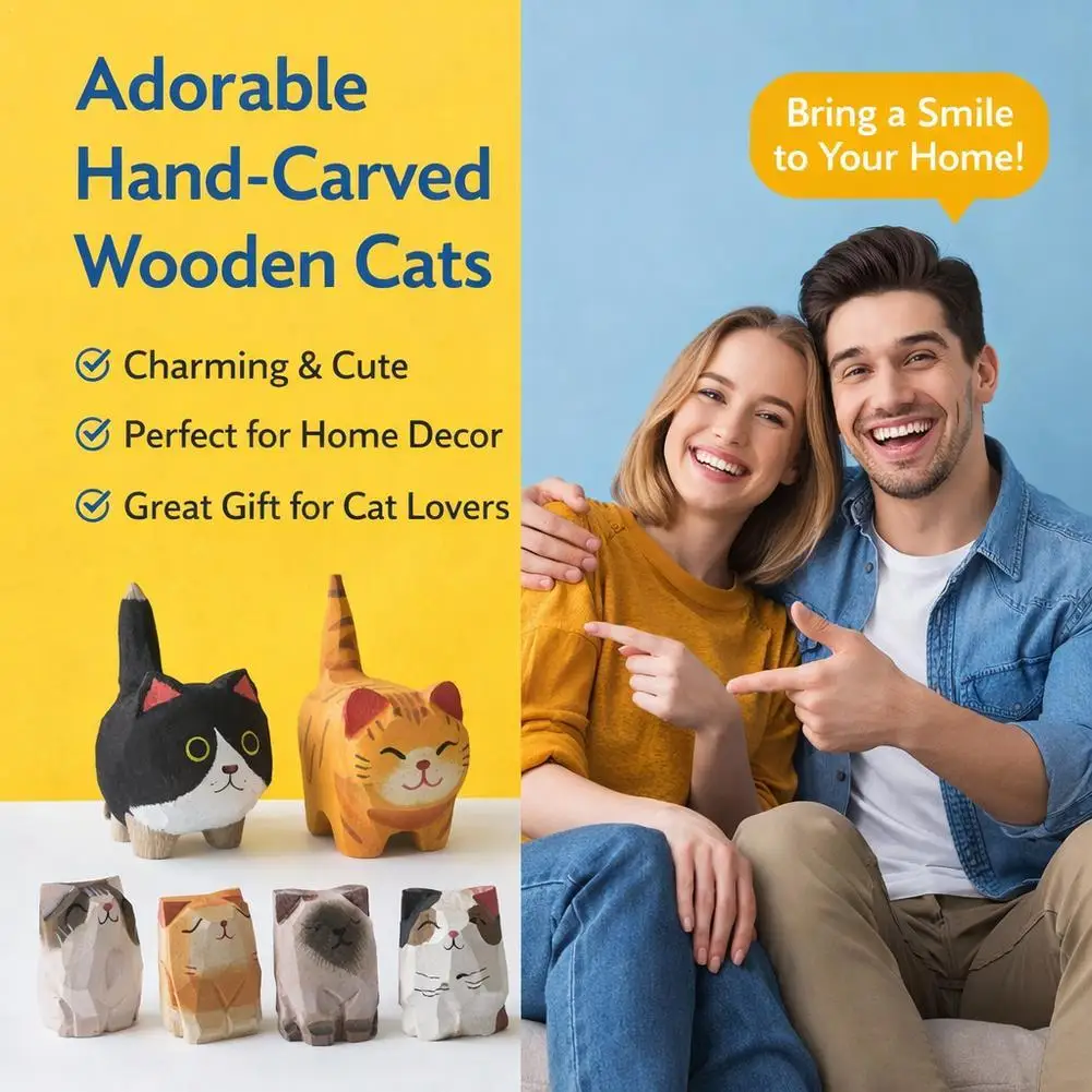 Adorable Hand Carved Wood Cat Figurine Creative Office Desk Decor Cute Puppy Sculpture Gift For Girlfriend Car Ornament