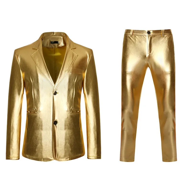 Men's Shiny Gold 2 Pieces Suits Blazer Pants Terno Masculino Fashion Party Nightclub Dress Tuxedo Suit Men Stage Singer Clothes