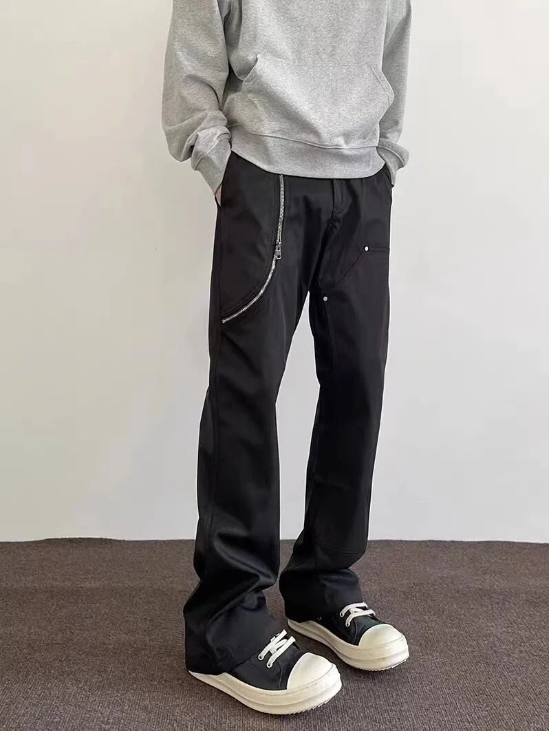 

American High Street Vibe Men's Work Pants Rivet Design Clean Fit Zip ket Straight Leg Slimming Long Trousers Casual Pants