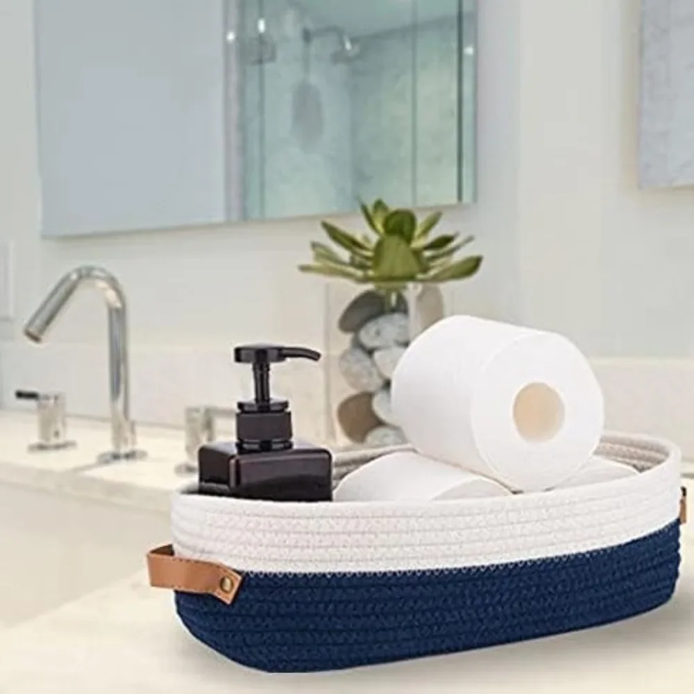 New Oval Storage Basket Leather Handle Woven Rope Versatile Basket Bathroom Essentials Holder Living Room Toy Fruit Organization