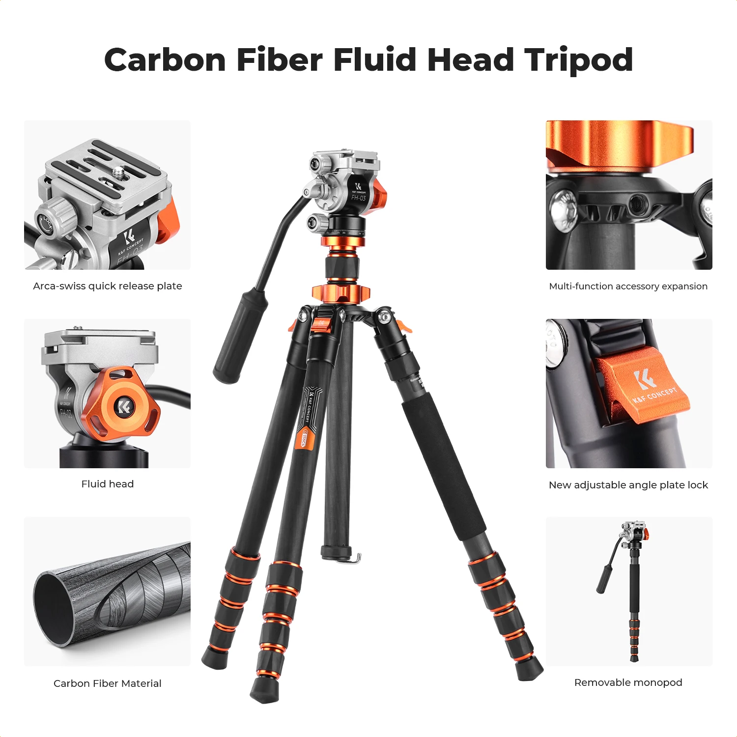 K&F CONCEPT Camera Tripod 68'' Carbon Fiber Tripod with Fluid Head Max Load 11lb Foldable Detachable Monopod for Digital Camera