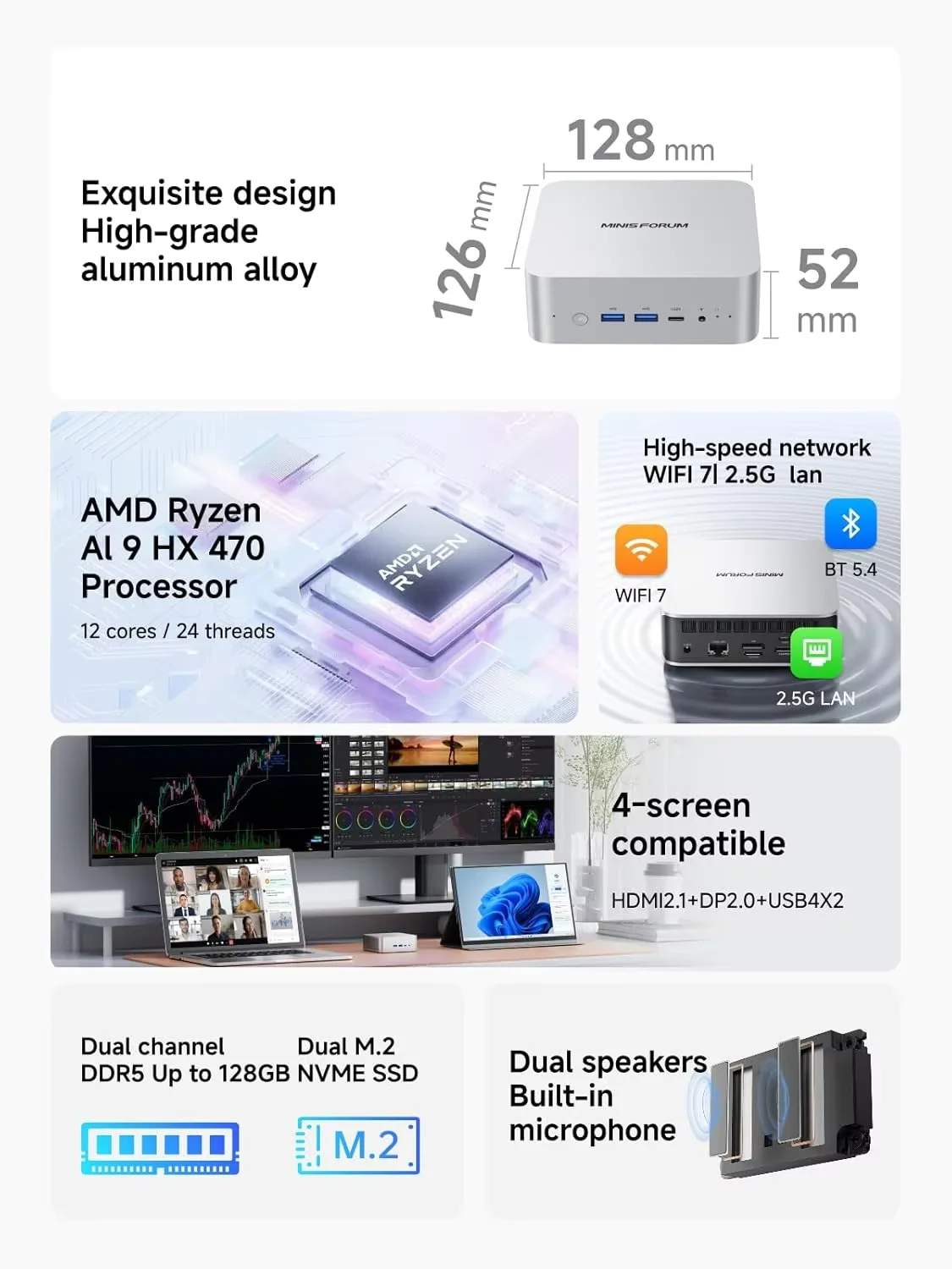 MINISFORUM Mini PC AI X1 AMD Ryzen AI 9 HX 470 370 R7 255 2*USB4 OCuLink Built-in Dual Speaker Desktop Gaming PC Computer WiFi7