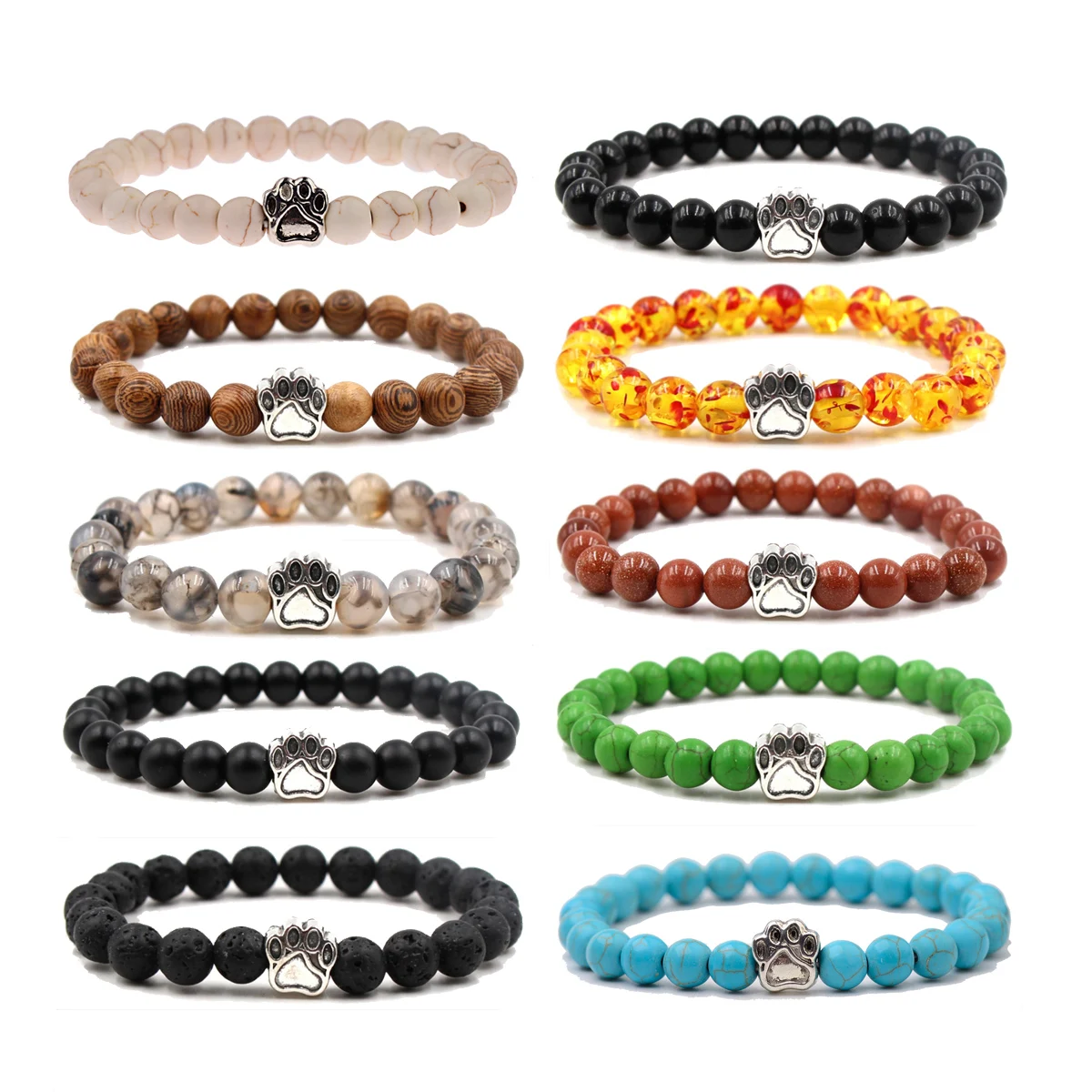 Cute Bear Paw Beads Stone Bracelets Men Jewelry Homme Fashion Natural Wood Black Lava Beaded Bracelets Women's Pulseras