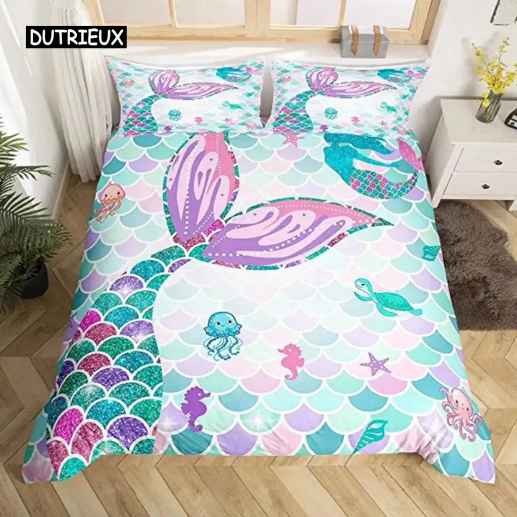 Duvet Cover Mermaid Tail Nautical Sea Animal Duvet Cover for Kids Child Fish Scale Sparkle Sequins Comforter Cover Ocean Sealife