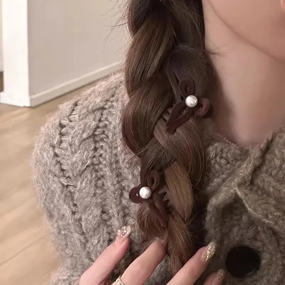 2 Pieces Velvet Bows Side Hair Clips Pearl Hair Accessories For Women Hairpin Mini Cute Girls Headwear 3 Colors