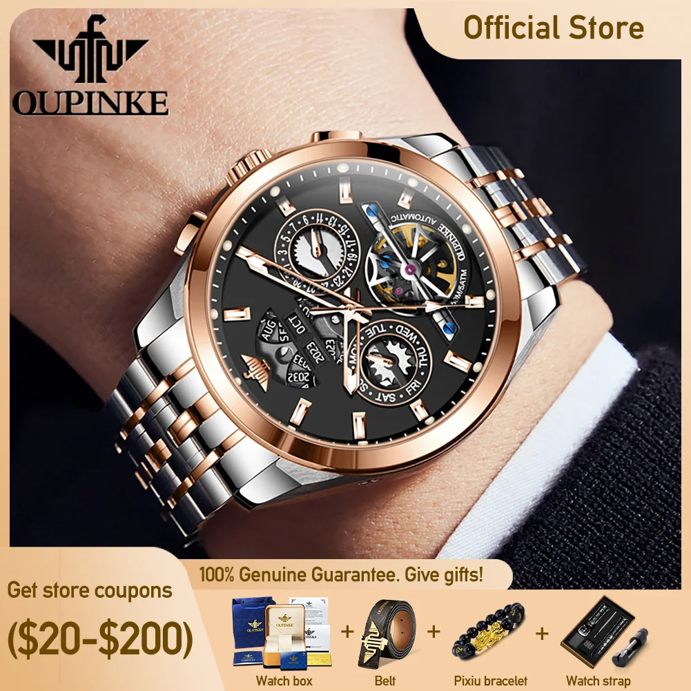 OUPINKE 3251 Men Watch Top Brand Original Luxury Flywheel Automatic Mechanical Watch For Man Calendar Week Classic Watch