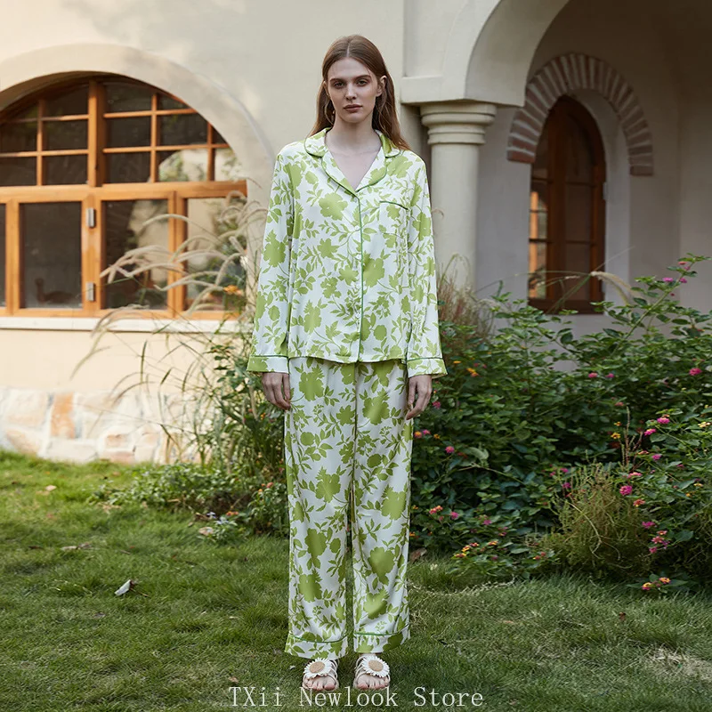 Mode bequeme Eis Seide Pyjamas Damen High-End-Sinn Ins-Stil Revers Frühling und Sommer Langarm Home Anzug Txii Newlook