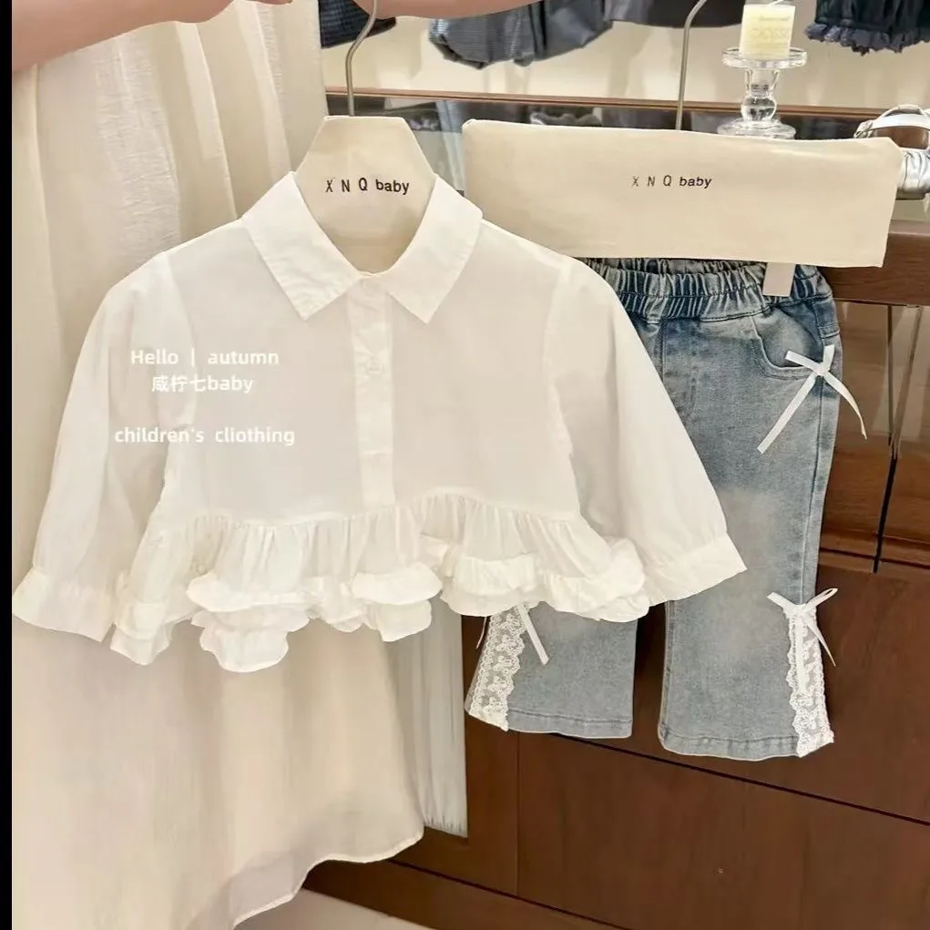 

80-140cm Girls Baby Clothing Set New Children's French Square Collar Lace Shirt and Jeans Two Piece Set