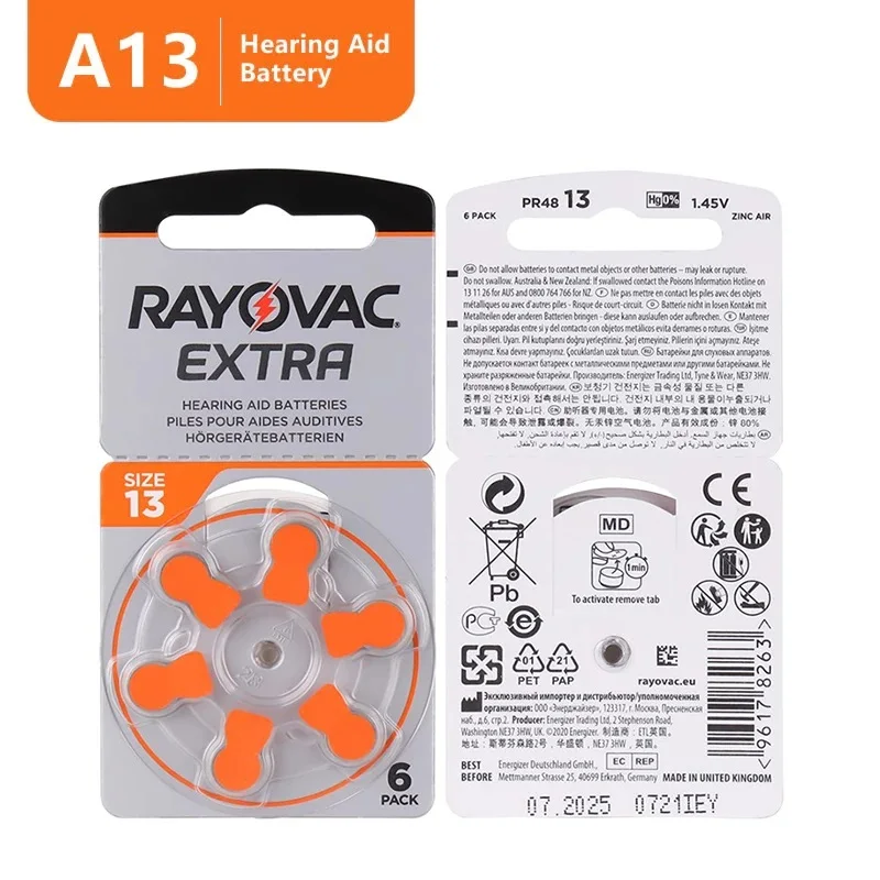 6-60 pcs A13 Hearing Aid Batteries 1.45v Rayovac Extra Zinc Air Hearing Aids BatteryFor BTE CIC RIC