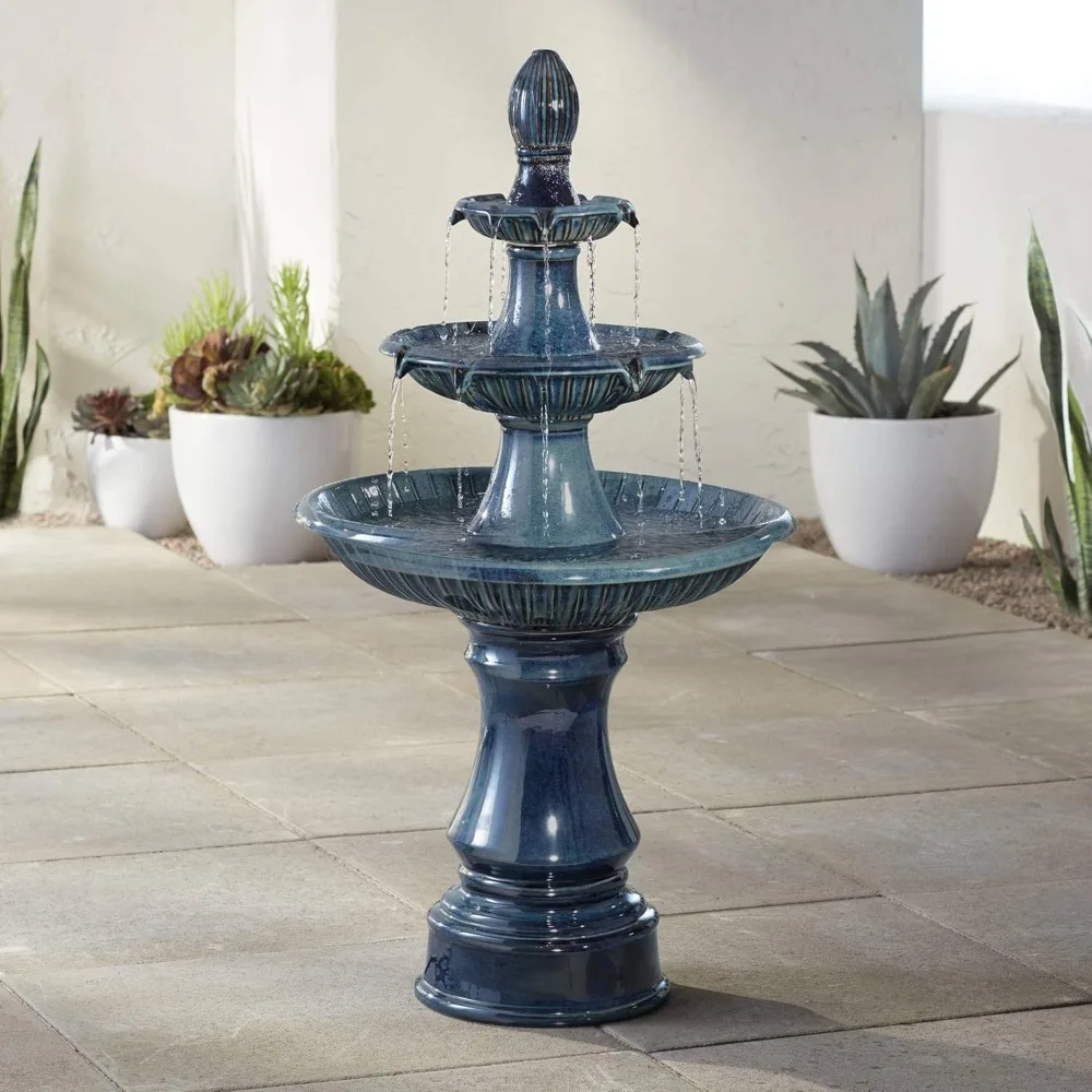 Modern Outdoor Cascading Floor Water Fountain with LED Light 3-Tier Teal Blue Ceramic 46