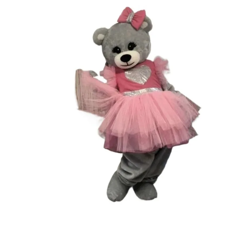 

Pink Dress Cute Grey Bear Mascot Costume Adults Birthday Wedding Role Play Outfits Halloween Christmas Rave Party Fancy Suits