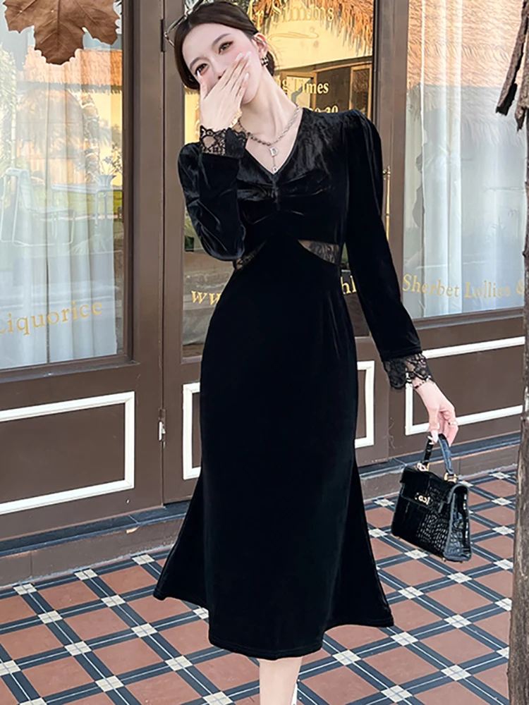 

Женское корейское винтажное платье в стиле Хепберн, роскошное длинное платье, осенне-зимнее, черное, вельветовое, шикарное, кружевное, 2026, элегантное, облегающее, с оборками, Vestidos