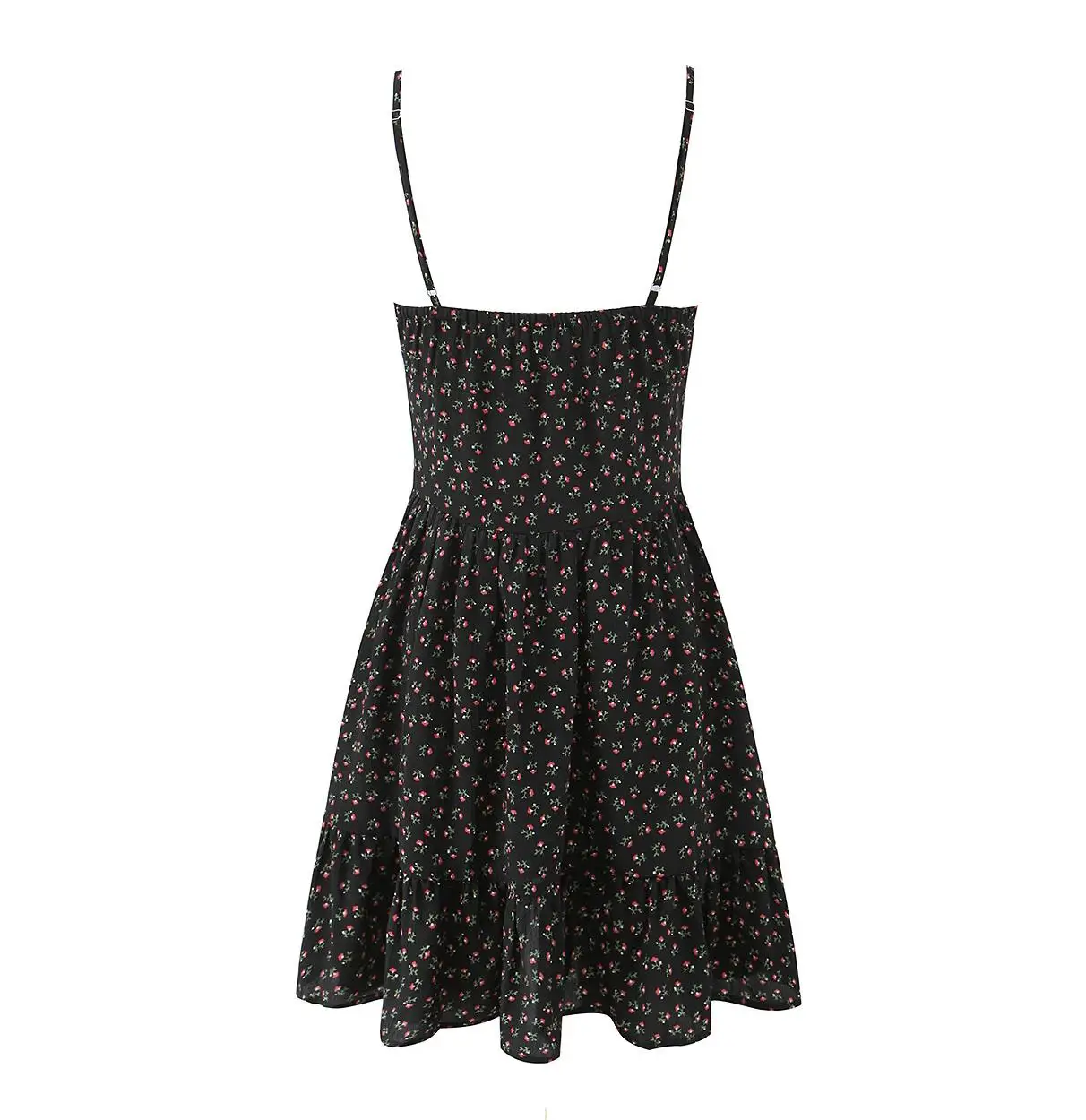Sexy Black Floral Chiffon Sling Dress Women Front Open Buttons V Neck Ruffles Hem Short Dresses Femme Mini Vestidos Robe