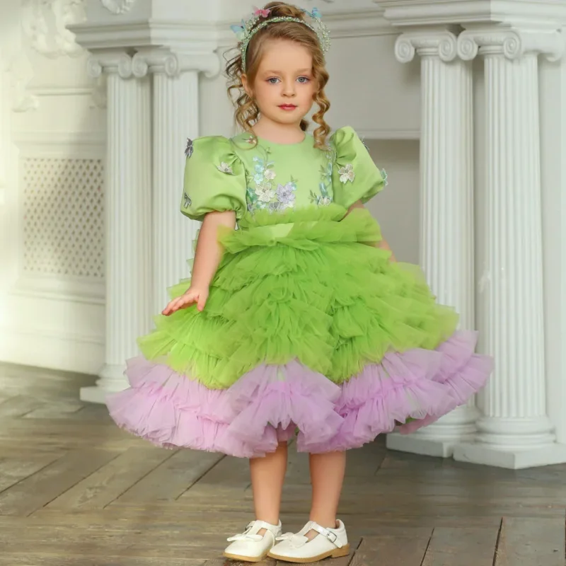 

Green Lace Appliques Flower Girl Dress A-Line Tulle Short Sleeves Tea Length Pleated Dresses Baby Birthday Party Gown Customized