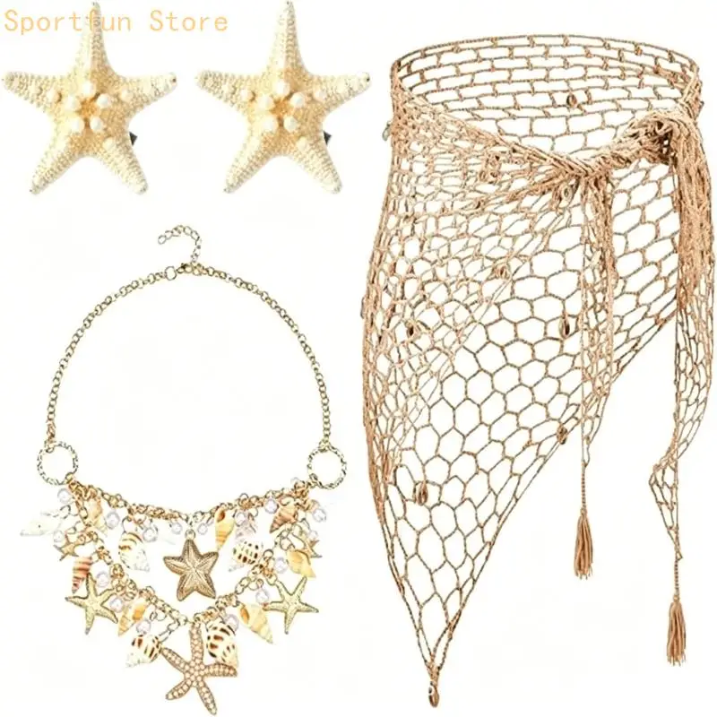 Holiday Beach Outfit Set with Shell Necklace, Tie Side Net Skirt and Sea Theme Detail for Resort Dressing and Vacation Wear X7JD