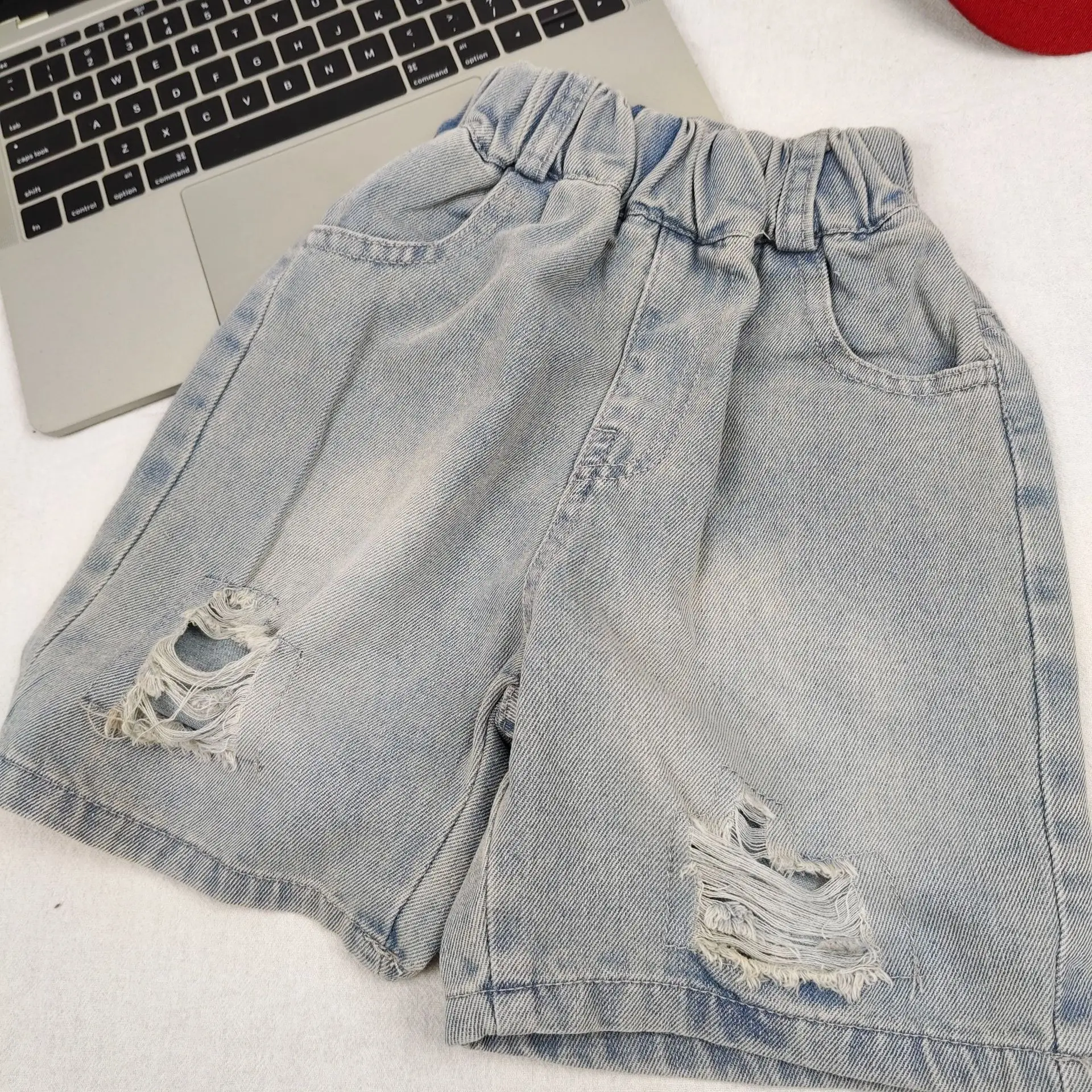 Summer New Boys Denim Shorts Kids Solid Color Fashion Cool Ripped Hole Jeans Children Elastic Casual Pocket Five Shorts 2-8Years