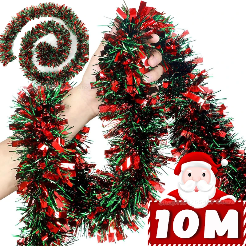 2/10M Christmas Tinsel Garlands Decoration Bar Tops Red Green Wreath Xmas Tree Ornaments Party Home Staircase Decor Pendant Prop