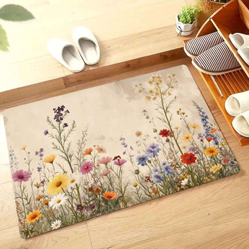 Wild Meadow Flowers Doormat Retro Watercolor Floral Pattern Entryway Rug Indoor Front Door Mat Farmhouse Decoration
