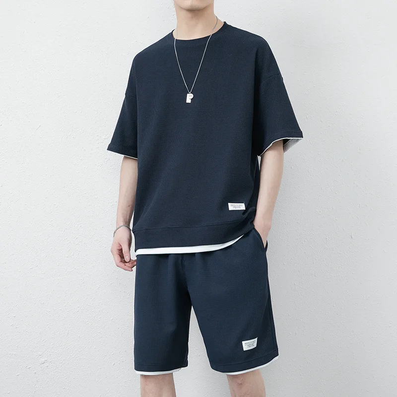 

Men's Sets Short Sleeve T-shirts+Shorts 2Pcs Suit Solid Color Sport Outfits 2023 Summer Thin Male Casual Loose Tracksuit