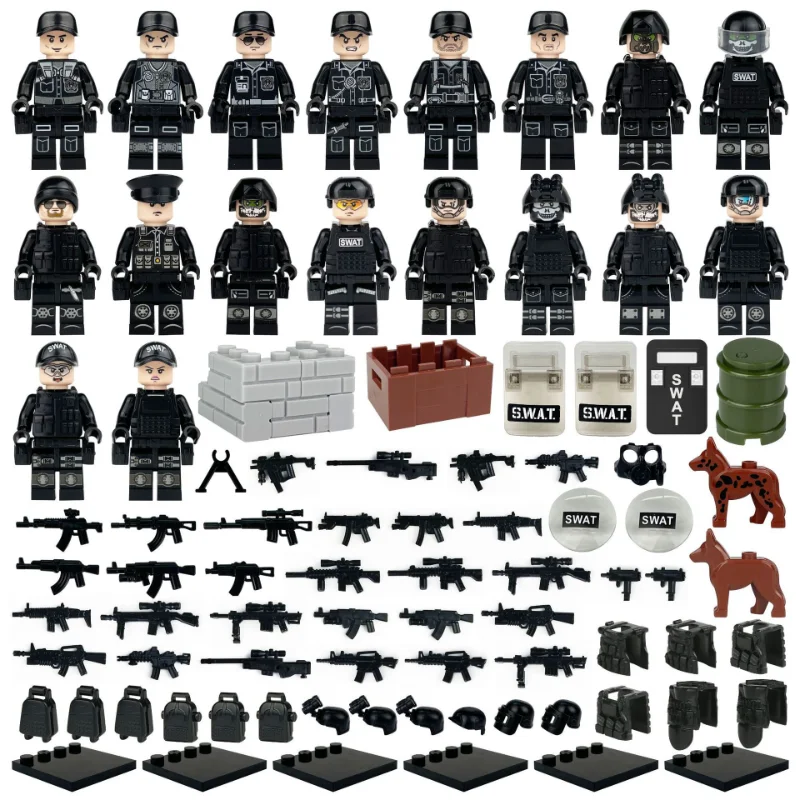 Military black d special police figure children assembled building block doll toy small particle accessories