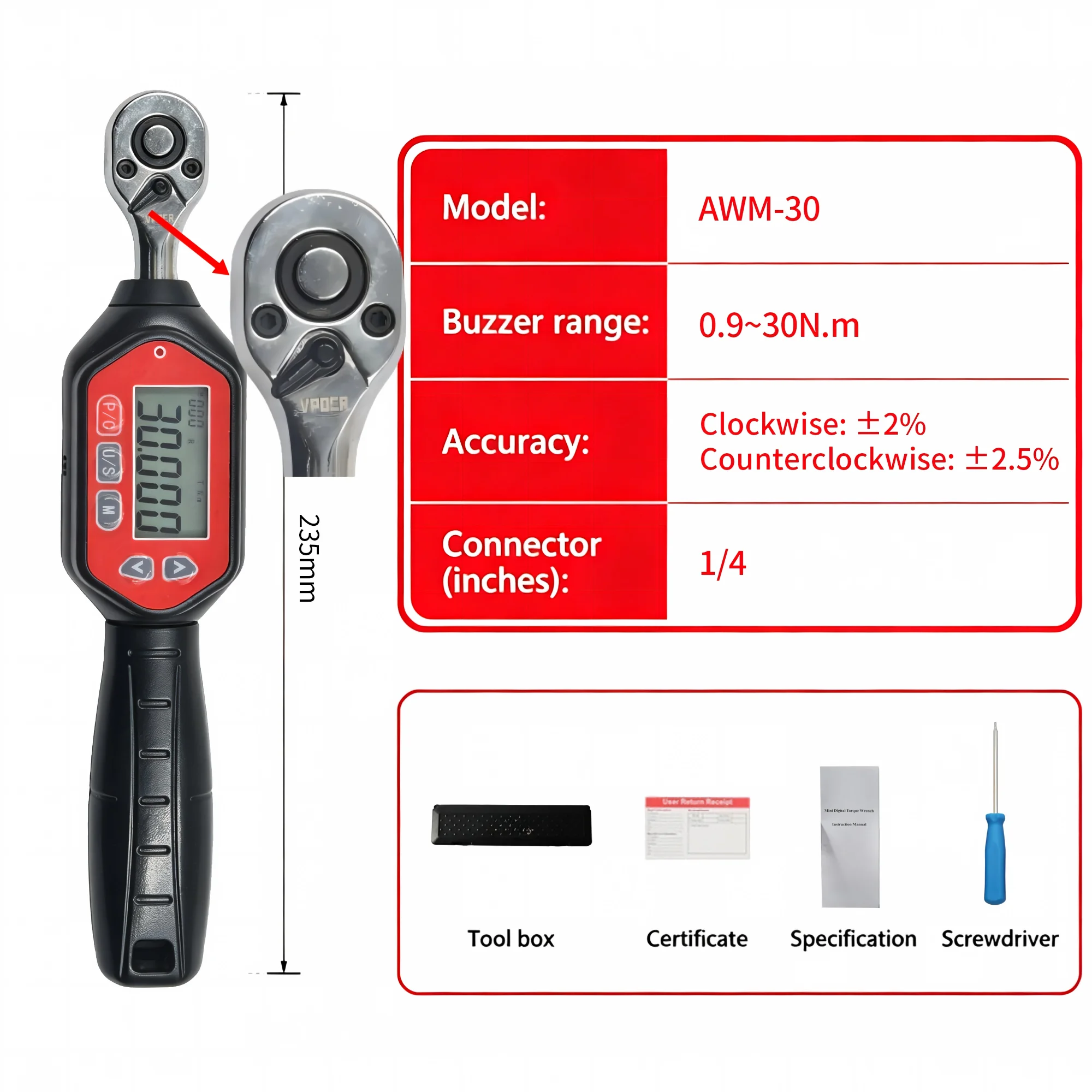 VPOER LOGO Professional Adjustable Preset MINI Digital Torque Wrench  Torque Spanner  1/4