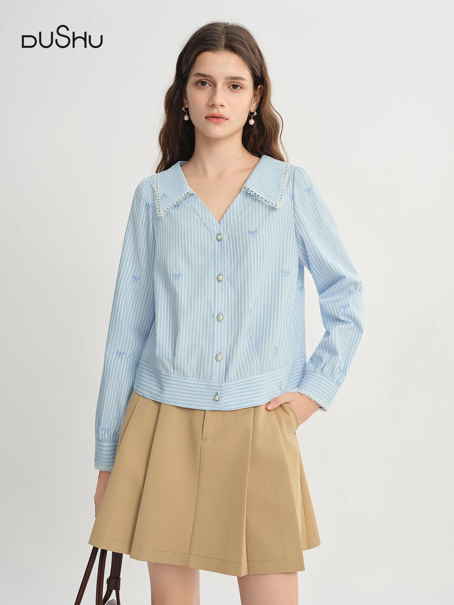 

DUSHU Plus Size Women's Lace Trim V-Neckline Striped Shirt Fall 2025 New Arrival Fashion Commuting Top Women Shirts