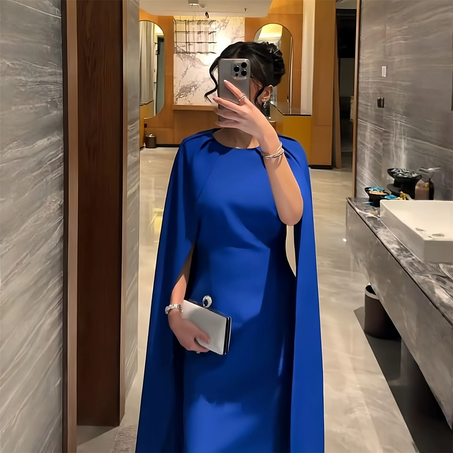 

EDECPBM Evening Dress Women Modest Arabic Dubai Style Blue Satin Formal Events Party Customized فساتين سهره New Collection