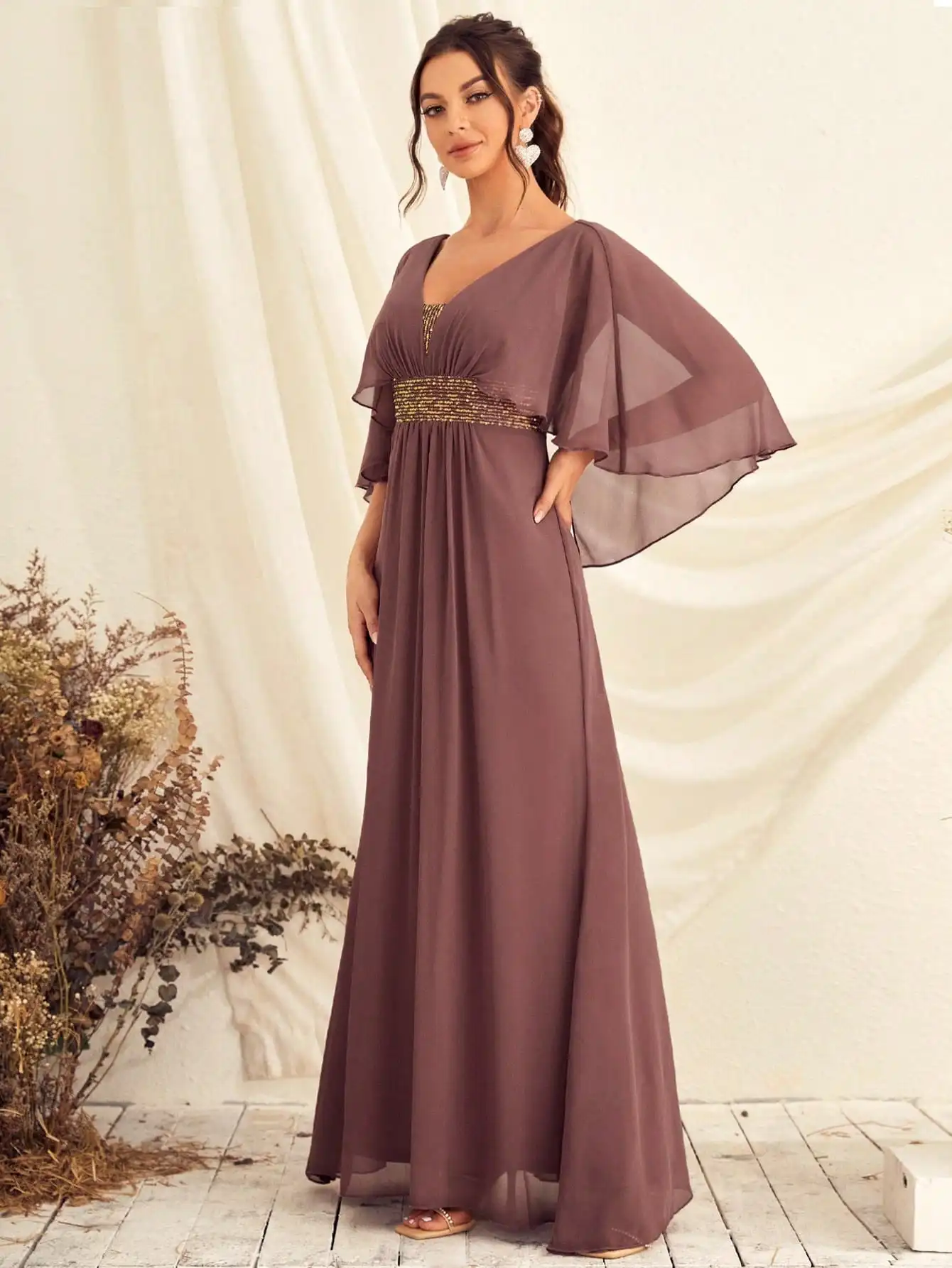 Unithorse Contrast Sequin Butterfly Sleeve Chiffon Bridesmaid Dress