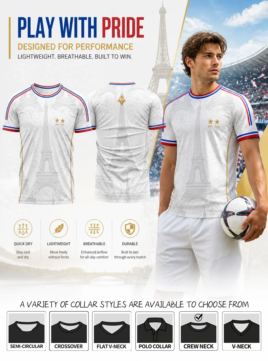 France themed football jersey, two‑star badge detail, sweat‑wicking fabric, flexible fit, various collars available
