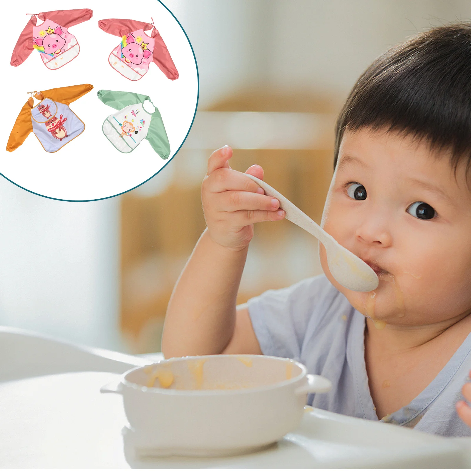 

4Pcs Child Bib Coverall Waterproof Creative Smock Long Sleeve Painting Apron with Utility Pocket for Learning Kids