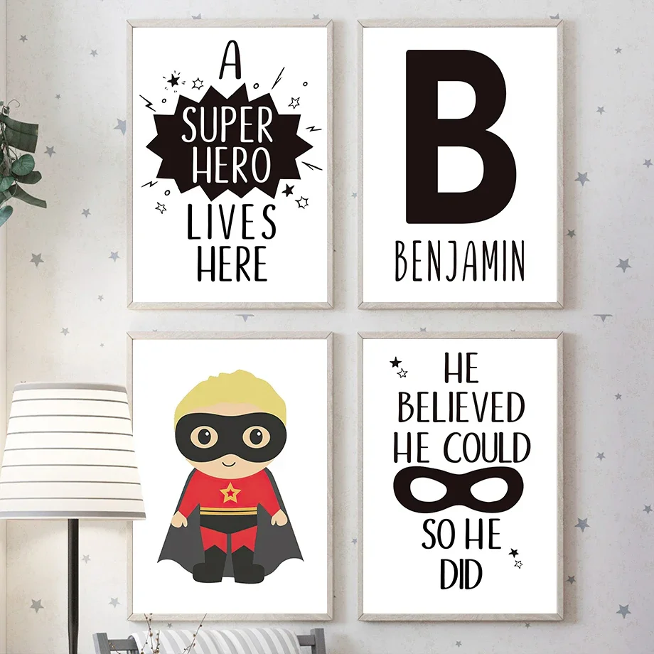 Super Boy At Home Customized Name Wall Art Canvas Painting Kids Hero Nordic Posters And Prints Child Bedoom Decoration Pictures