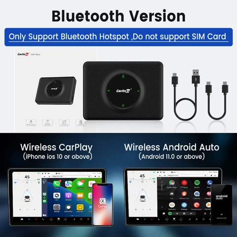 CarlinKit Wireless CarPlay Android Auto Dongle на Tesla Model 3/X/Y/S 2.4+5.0G WiFi BT Siri Google Waze GPS YouTube Music
