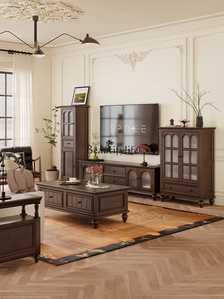 5Retro double-door wine cabinet solid wood integrated wall living room glass door dining side cabinet