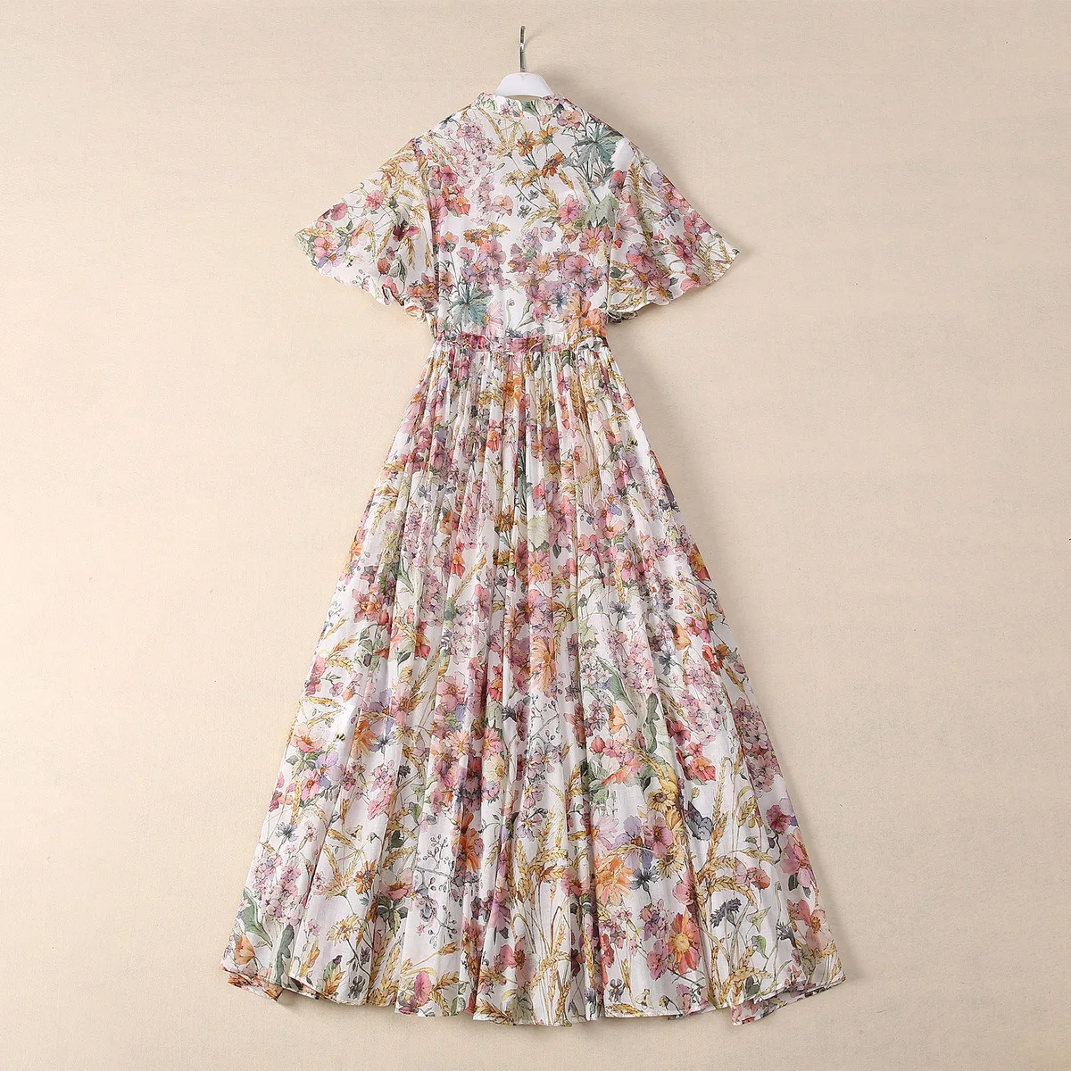 Europe and the United States women's 2024 summer new Stand collar Trumpet sleeve flower print fashion Cotton pleated dress