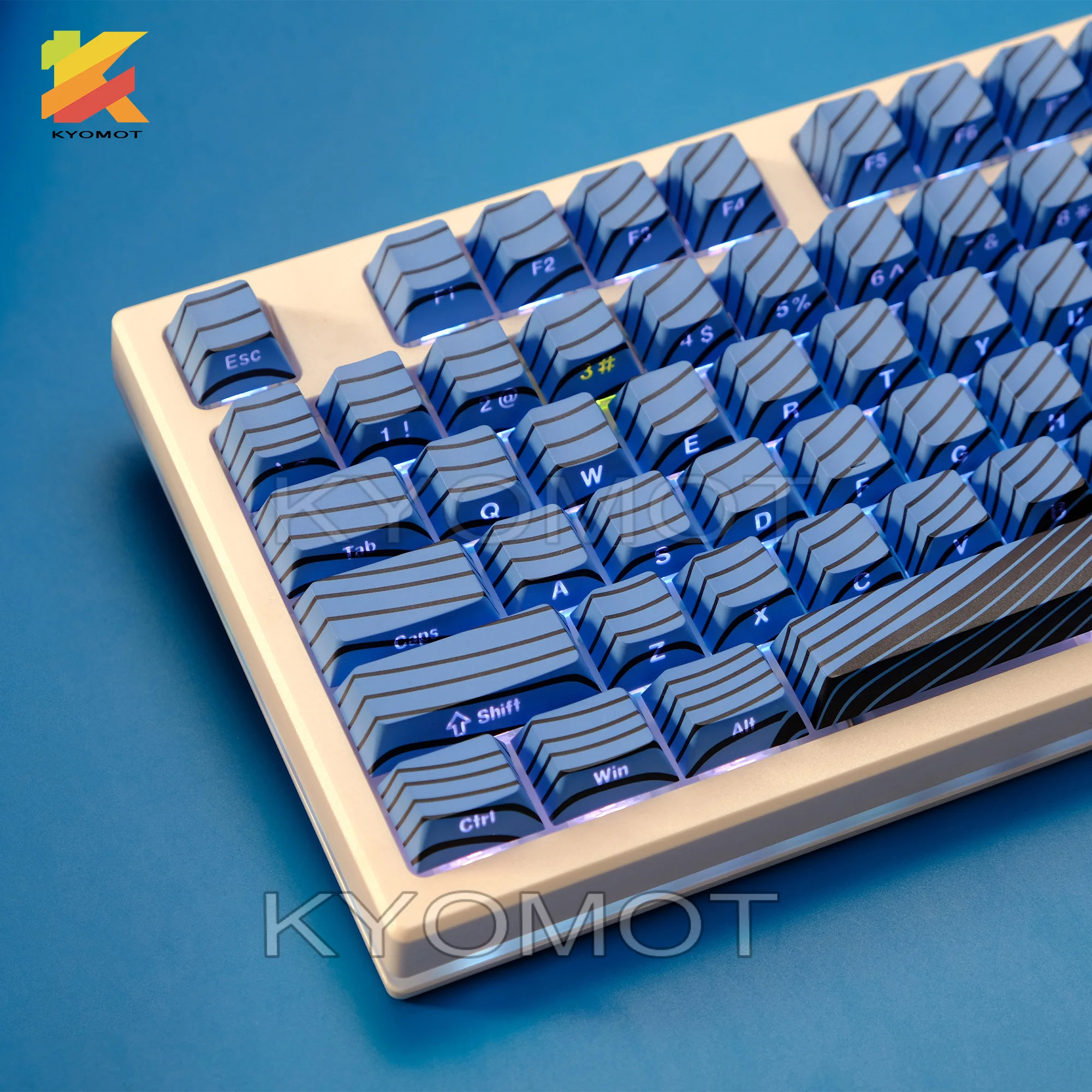 135 Keys Blue Wave Shine Through Keycaps Side Printed PBT Double Shot Keycaps Cherry Profile for Gaming Mechanical Keyboard Caps