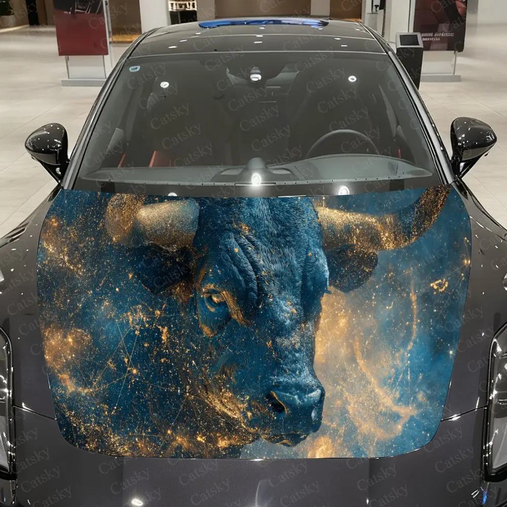 Starry Sky Gilded Bull Car Vinyl Wrap, PVC Waterproof Car Hood Sticker, Self-Adhesive Scratch-Resistant Stickers