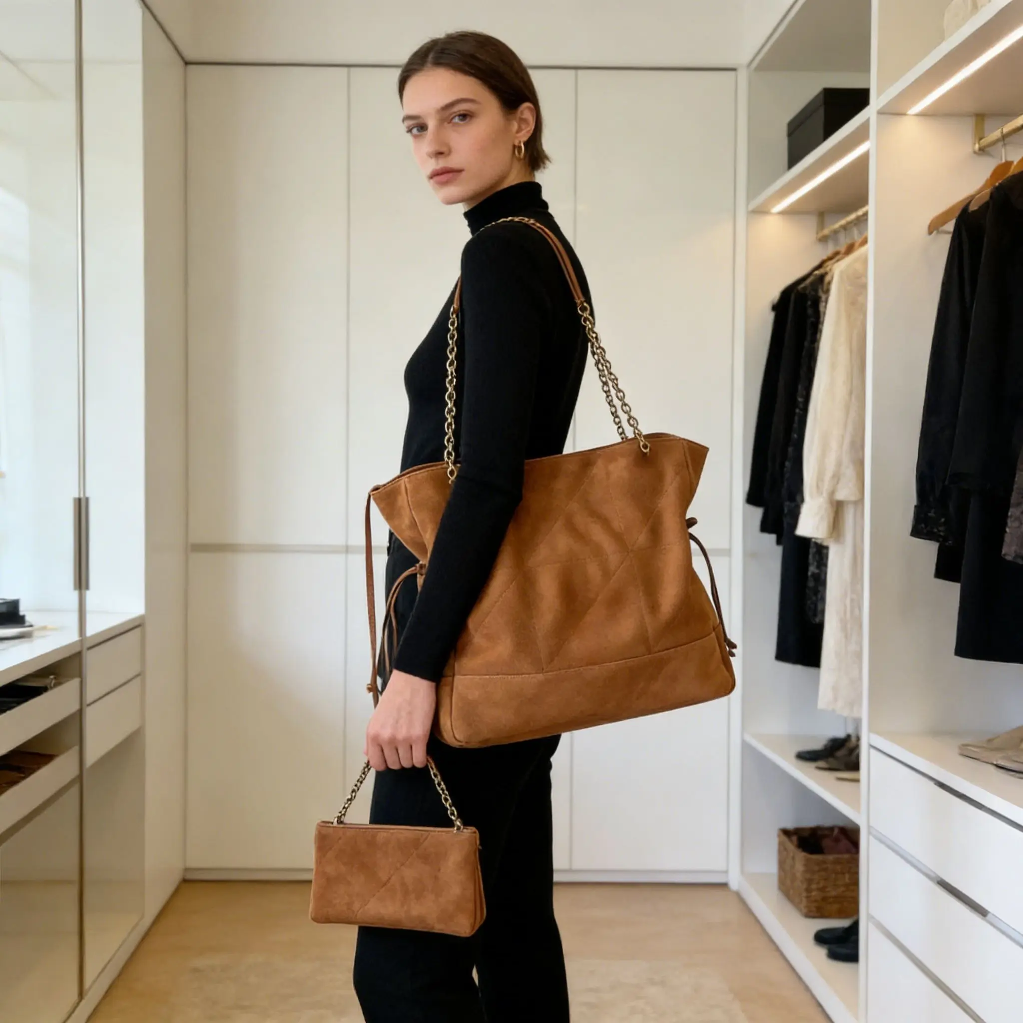 

Сумка через плечо с цепочкой-ремнем, роскошная ретро-сумка с большим объемом, женская сумка-тоут из матовой замши на шнурке.