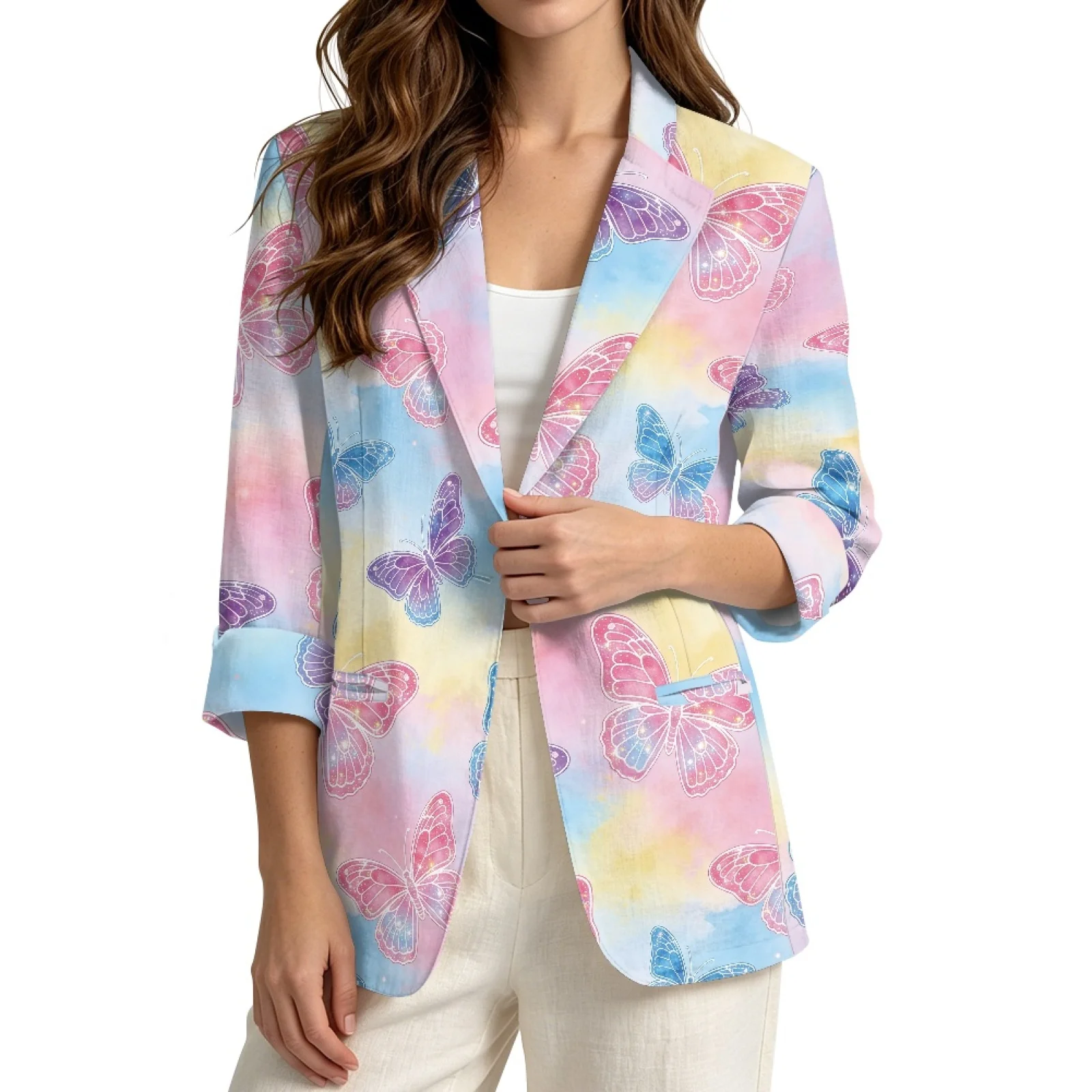 PENSTROLL Open Front Linen Style Open Front Jacket 3/4 Sleeve Jackets for Office Pastel Butterfly