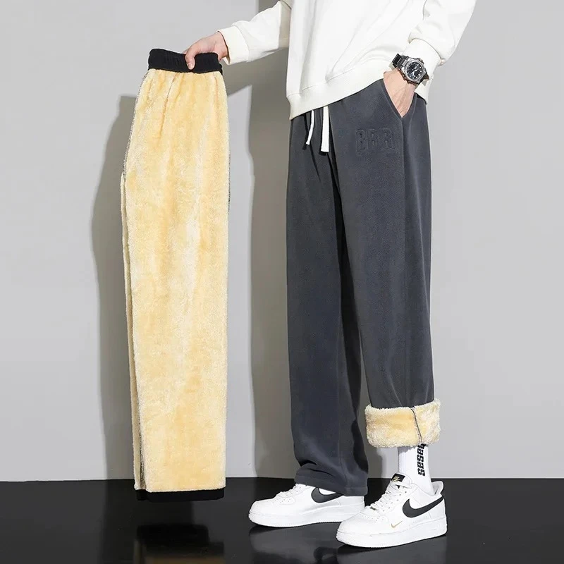 Winter Velvet Lining Trousers Men Outdoor Jogger Sweatpants Neutral  Solid Color Baggy Thickened Winter Fleece Loose Cargo Pants