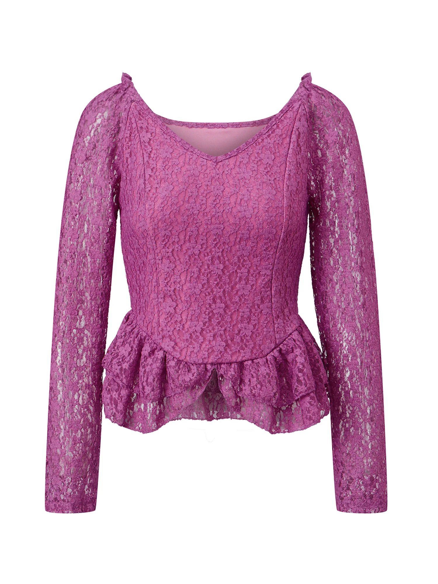 

Elegant Lace Long Sleeve Blouses with Floral Print Stylish V Neckline and Layered Ruffles Perfect for Fall Street Style and